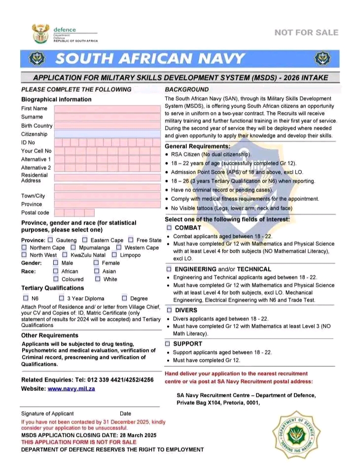 South African National Defence Force 2025 applications